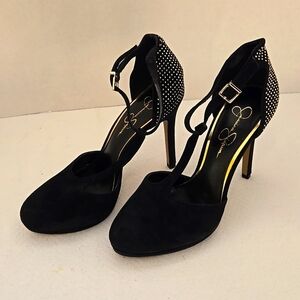 Jessica Simpson Black Leather Suede with Gold Details Strap Pump Heels Size 8.5